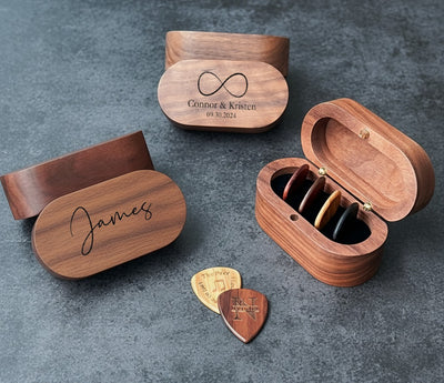 Personalised Wooden Guitar Box & Pick