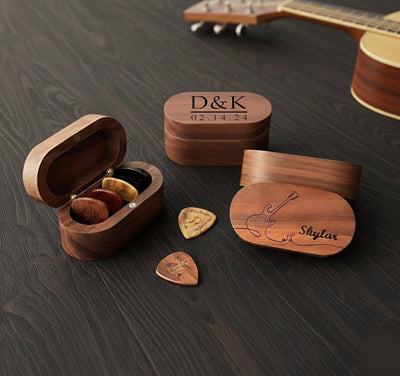 Personalised Wooden Guitar Box & Pick