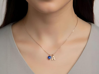 Initial Necklace with Heart Birthstone