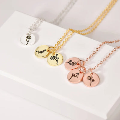 Personalized Disc Necklace Birth Flower