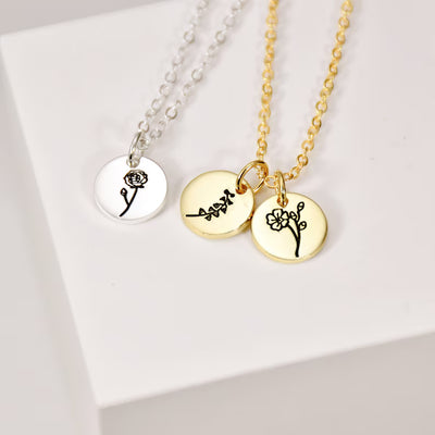 Personalized Disc Necklace Birth Flower