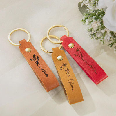 Personalised Birth Flower keyring, Leather Keychain