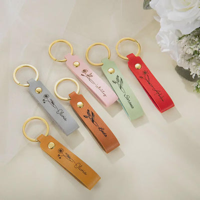 Personalised Birth Flower keyring, Leather Keychain