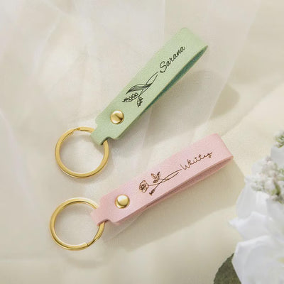 Personalised Birth Flower keyring, Leather Keychain